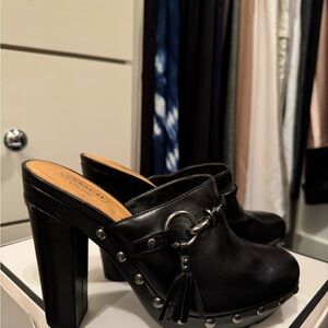 Coach Black Mules with High Block Heel and Decorative Buckle